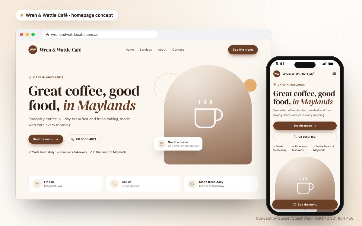 Homepage concept for a café in Maylands, with a menu button