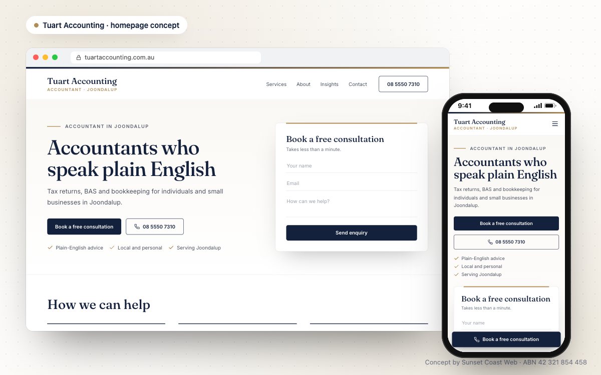 Homepage concept for an accountant in Joondalup, with a consultation booking form