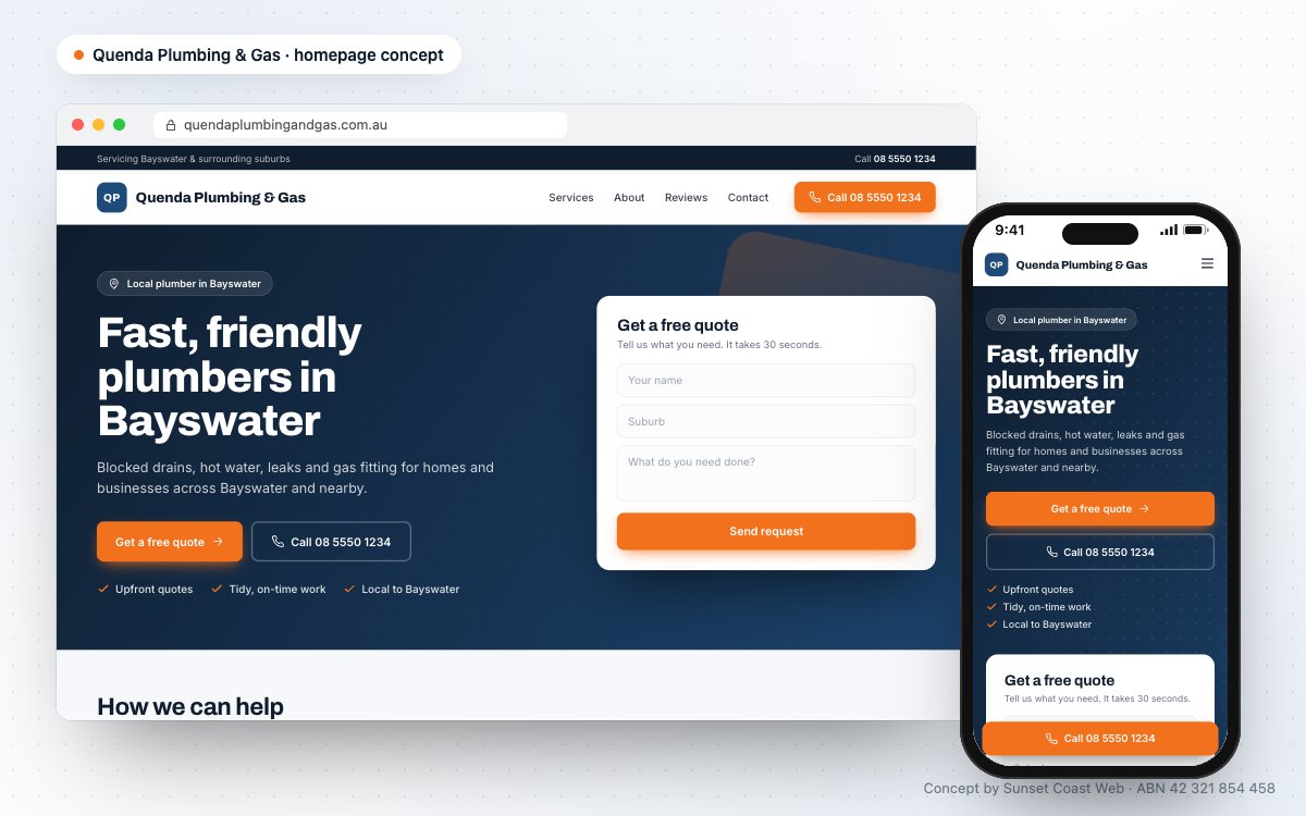 A homepage concept for a plumber, shown on a laptop and a phone